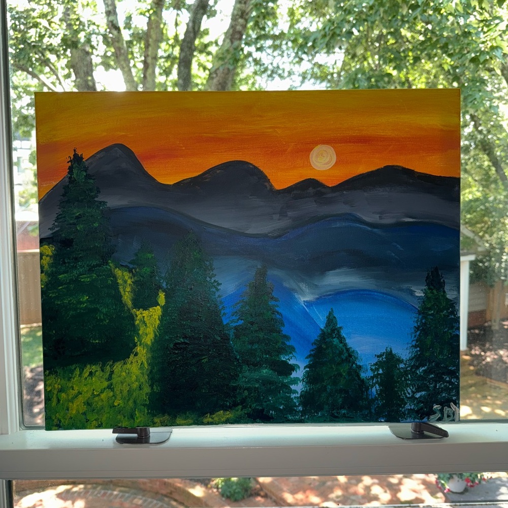 Orange and Blue Mountain Silhouette Painting